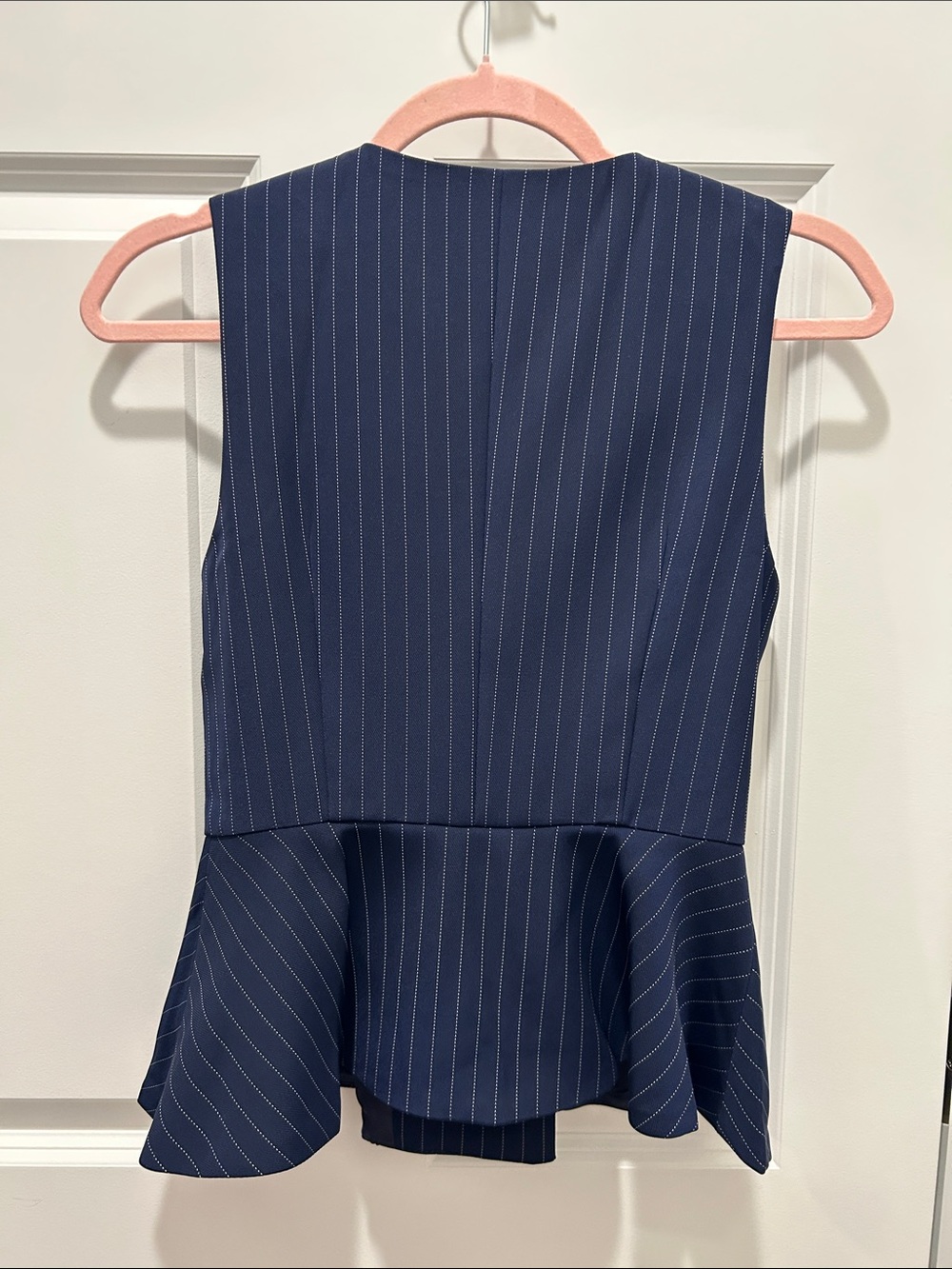 Nice Fashion Sleeveless Navy Pinstripe Double-Breasted Peplum Vest/Skirt Suit - Picture 5 of 13